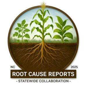 Picture of soybean, corn, and tobacco in a circle with NC 2025, Root Cause Reports, Statewide collaboration on the bottom